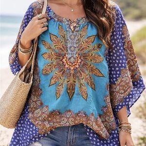 Fig and Flower Blue and Brown Mandala Floral Boho Indie Hippie Vibrant Tunic
